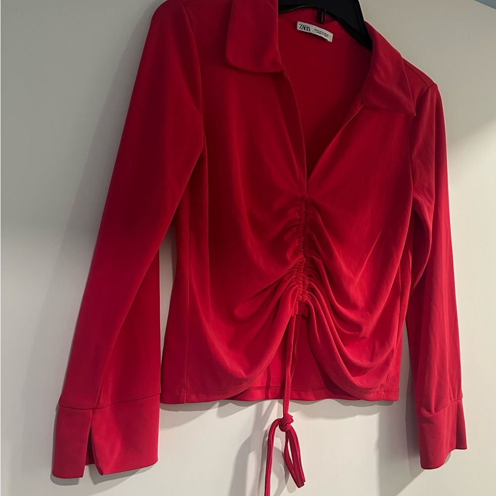 Zara Bright hot pink Ruched Tie-Front Button Down Top